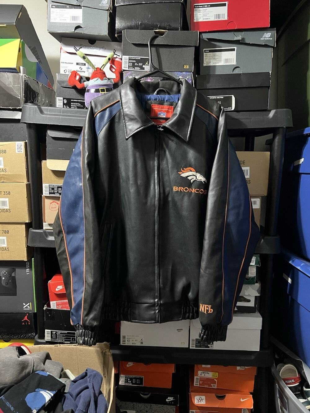 Size L- Denver Broncos NFL Varsity Leather Bomber Jacket